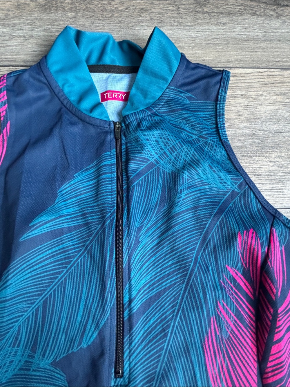 Terry Cycling Mesh Sleeveless Bike Jersey Tank Top Pink Blue Feathers Pockets L - Picture 2 of 12